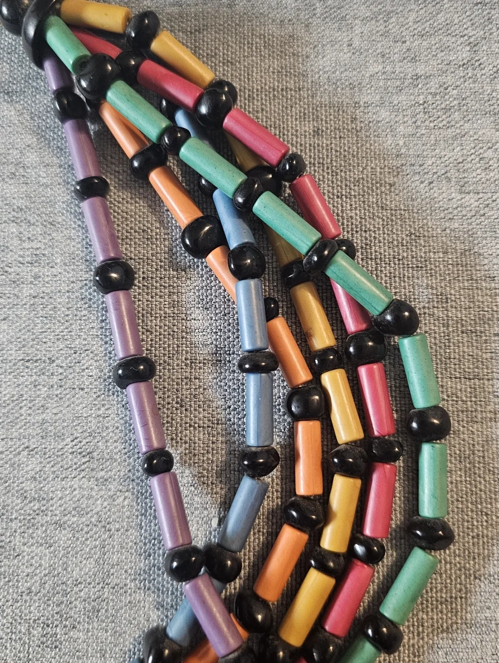 1980's Brite Multi Colored Lucite Tube Beads & Black Beads 6 Strand Necklace